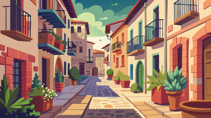 Obraz premium Historic Spanish Town Street with Balconies Flat Vector Illustration