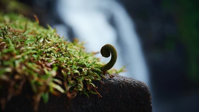 Close-up of a fern frond's unfurling tip atop a stone, mossy edge with a waterfall backdrop