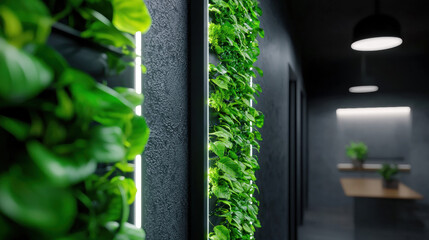 Fototapeta premium Modern apartment hallway featuring narrow vertical garden with lush green plants and dark textured walls creating fresh and calming atmosphere