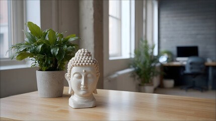Fototapeta premium Serene Buddha head statue on a desk in a modern empty office with lush green plants
