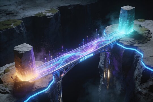 Futuristic digital bridge glowing API Gateway tech connection gap