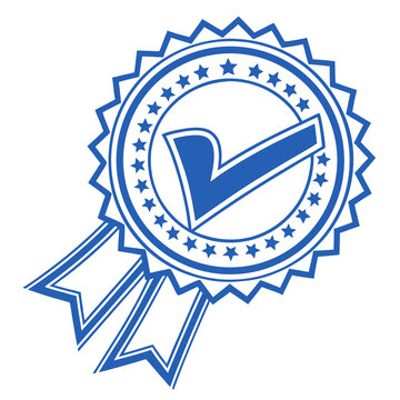 Achievement award emblem vector icon: blue rosette with a centered check mark, surrounded by stars, and two elegant ribbons attached, symbolizing quality