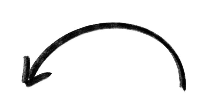 Thick black hand drawn curved arrow pointing down left