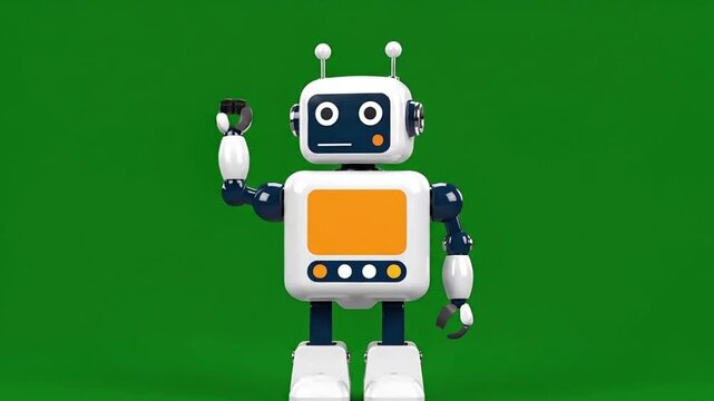 Cute robot waving hello on green screen background.