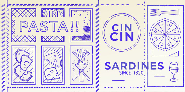 Hand drawn style collage featuring pasta cin cin sardines and other food items