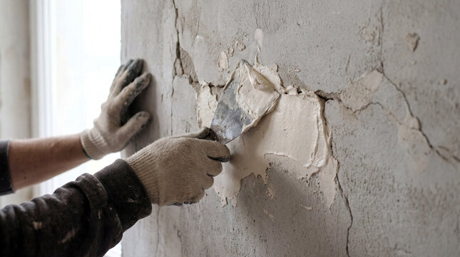 Worker patching crack in rough concrete wall with a putty knife and wearing gloves