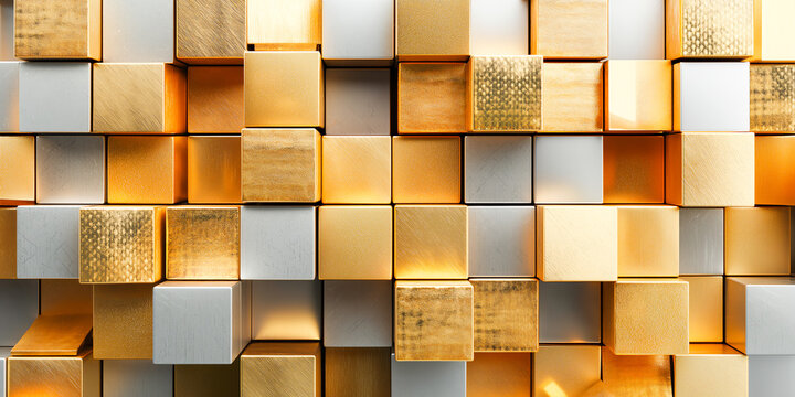 Professional 3D geometric gold cube pattern with sharp architectural edges and metallic sheen for corporate business background texture