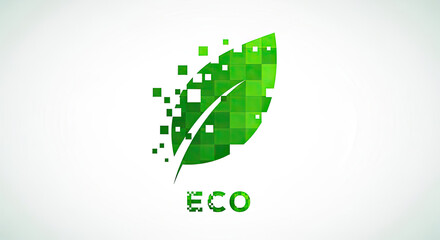 Fototapeta premium A digital green leaf composed of pixelated squares with the word 'ECO'.