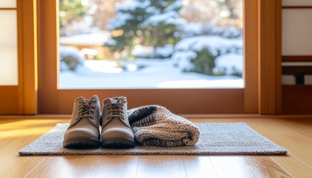 雪景色の窓辺に置いた冬支度のブーツとマフラー（和室の玄関風）