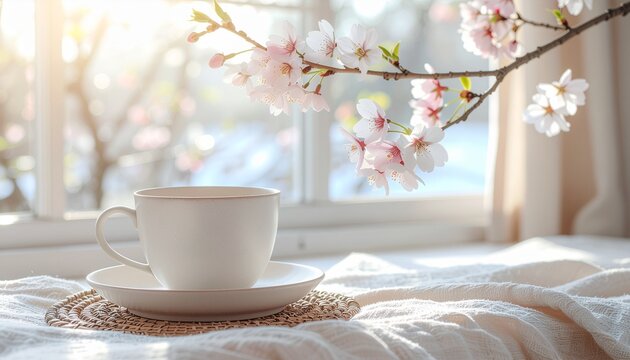 桜の窓辺で楽しむ春のティータイム　白いカップと柔らかな逆光