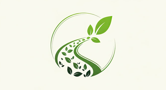 Eco-friendly logo with a leaf and a winding path inside a circle.