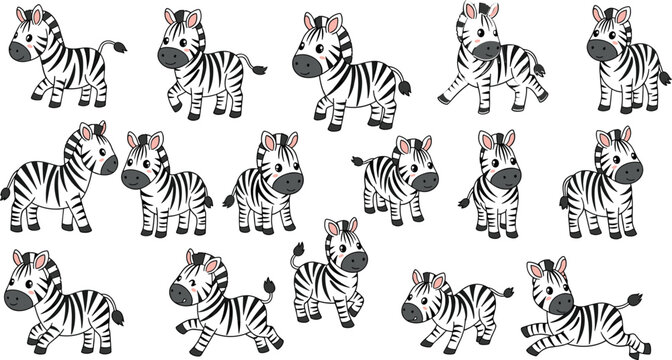 Cute zebra cartoon set with different poses safari animal character playful wildlife illustration collection