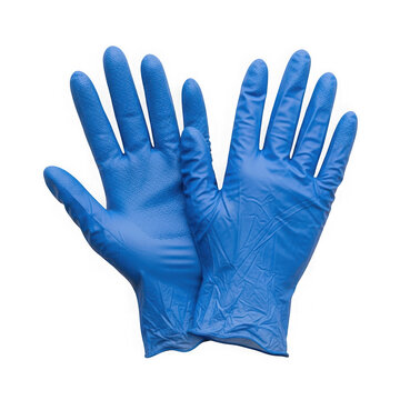 A pair of bright blue disposable nitrile examination gloves displayed against a plain background