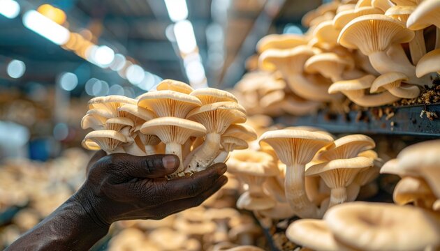 Person of African descent holding a cluster of freshly harvested oyster mushrooms in a large scale commercial indoor farm