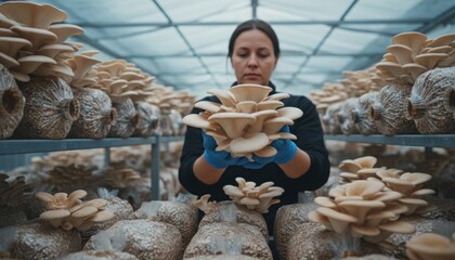 Professional female farmer holding bunch of fresh oyster mushrooms in indoor commercial cultivation greenhouse facility with rows of substrate bags