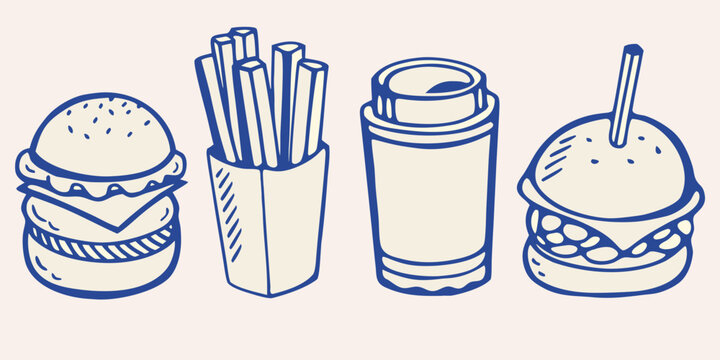 Hand drawn illustration of a burger fries drink and milkshake