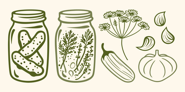 Hand drawn illustration of pickled vegetables and fresh garden produce