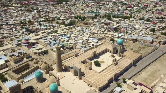 Aerial view of Kalon mosque and Po-i-Kalyan complex in ancient city of Bukhara Uzbekistan
