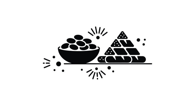 Traditional bakery products and bowl of snacks black and white vector illustration for healthy food menu and catering business branding isolated on white background