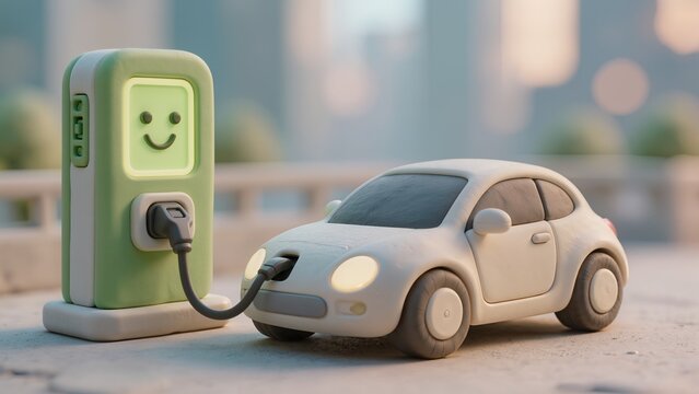 3D electric vehicle charging at a green station with a smiling face, urban EV concept