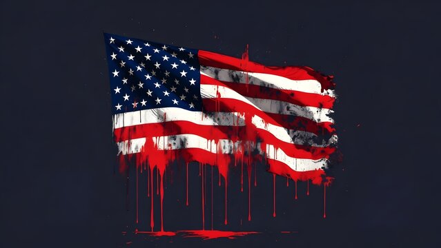 Torn and dripping American flag with red paint on dark background symbolic art