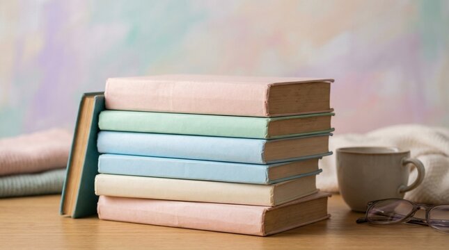 Stack of colorful books with a single book leaning against the pile.