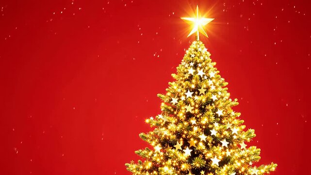 Decorated Christmas tree with star on red background