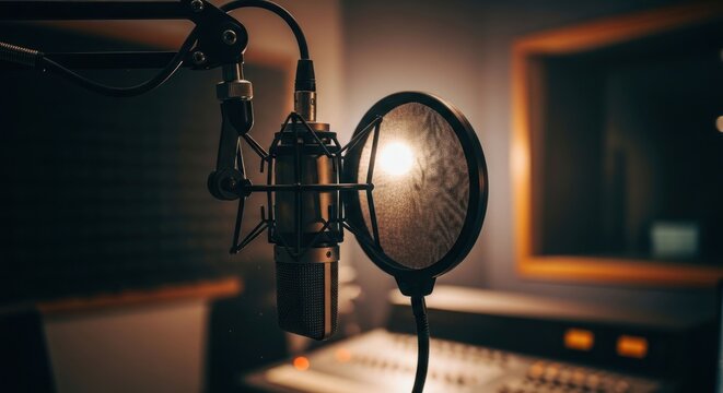 Close-up of a vocal microphone in a recording studio, warm lighting