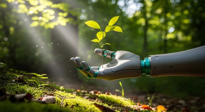 Planta t&aacute;ctil de robot humanoide AI, met&aacute;fora del uso de la Inteligencia Artificial para luchar contra el cambio clim&aacute;tico, concepto de emisiones de CO2 de AI ambiental, AI generativa