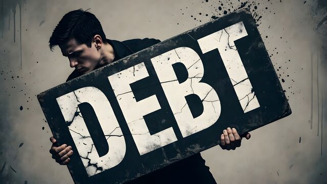 Man carrying large heavy debt sign on his back in dramatic pose