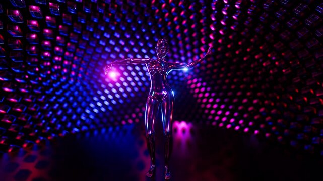 Futuristic metallic female robot dancing in a vibrant blue and purple neon glowing room seamless loop. 3D rendering animation