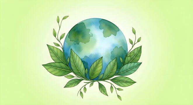 Ilustraci&oacute;n art&iacute;stica en acuarela del planeta Tierra y hojas verdes.
 Fondo del globo terr&aacute;queo con espacio de copia.
 Campa&ntilde;as de concientizaci&oacute;n sobre la sostenibilidad ambiental, carteles ecol&oacute;gico