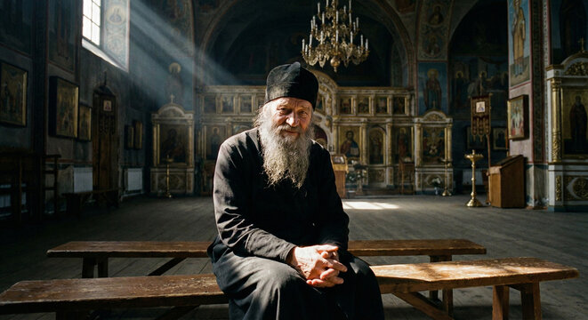 Elderly Orthodox monk with grey beard sitting on wooden bench inside atmospheric church with sunlight rays through window.