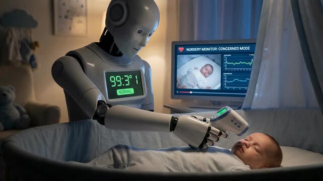 Robot checks baby's temperature in nursery. Digital display shows 98.6 degrees. Baby sleeps peacefully. Monitor displays health stats. Soft room with stuffed toy
