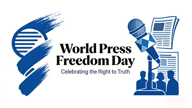 World Press Freedom Day poster featuring microphone and newspaper elements, representing the defense of press freedom and the celebration of truth dissemination

