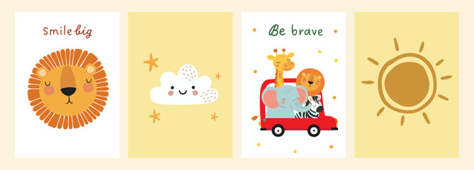 Cute safari animals illustration with motivational phrase in soft nursery style © Felipe