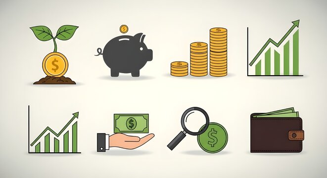 Conjunto de iconos de l&iacute;nea de beneficios financieros, iconos de trazo editables para ingresos monetarios, ahorros, efectivo, inversiones, billetes, intercambio, ingresos, crecimiento, econom&iacute;a, ilust