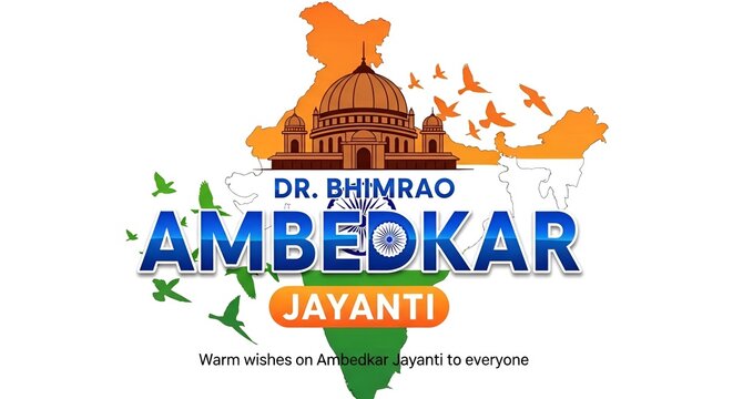 Image is a digital graphic featuring a celebratory design for Dr. Bhimrao Ambedkar Jayanti. At the center, the text 'DR. BHIMRAO AMBEDKAR JAYANTI' is prominently displayed. 'DR. BHIMRAO' is in a small
