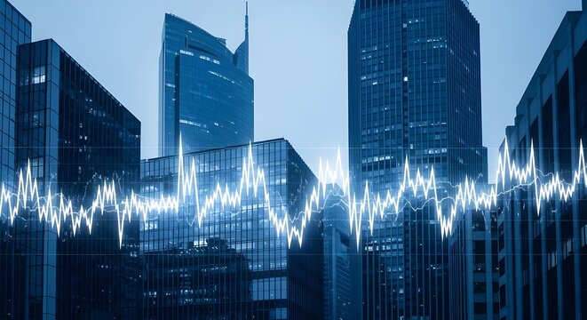 Las tendencias del mercado se reflejan en los modernos edificios de cristal durante el anochecer en un distrito financiero urbano