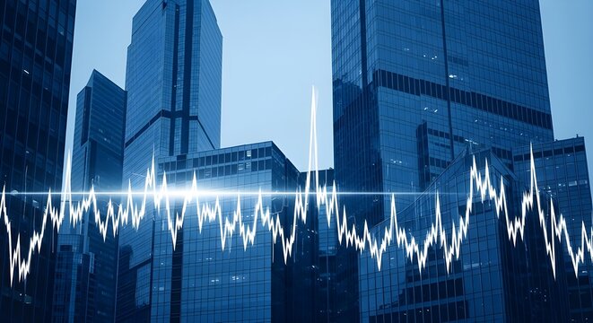 Las tendencias del mercado se reflejan en los modernos edificios de cristal durante el anochecer en un distrito financiero urbano