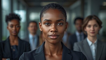 Fototapeta premium Confident Black businesswoman leading diverse corporate team, professional female executive in modern office, successful business leadership portrait