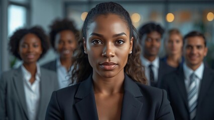 Fototapeta premium Confident black businesswoman leading diverse corporate team, professional female executive in office, multiethnic business people in formal suits
