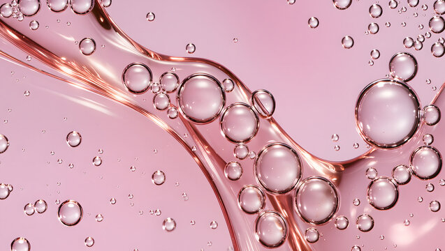 Pink cosmetic serum bubbles texture collagen PDRN glycolic acid skincare formulation concept