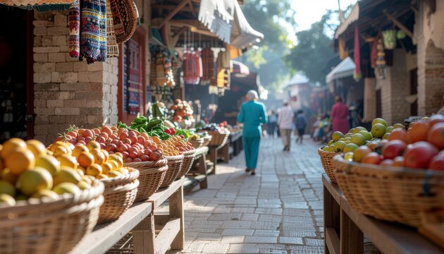 Vibrant Moroccan Souk Market with Fresh Produce and Local Shoppers.