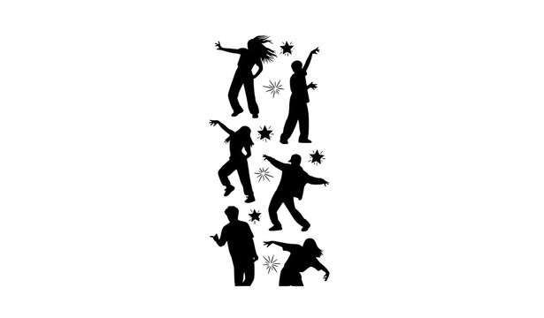 Modern dancer silhouettes with star accents young men and women dance poses flat vector entertainment set