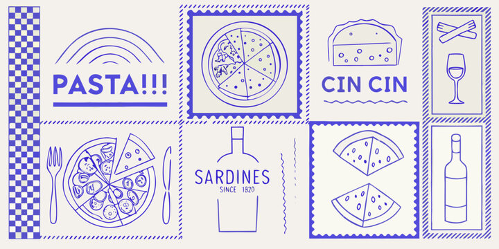 Italian food themed collage with pasta pizza and wine illustrations