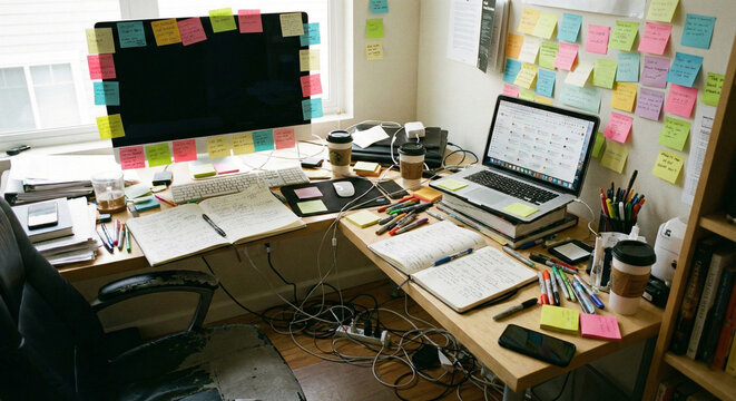 Extremely cluttered office desk with tangled wires multiple monitors laptops and dozens of colorful sticky note reminders.