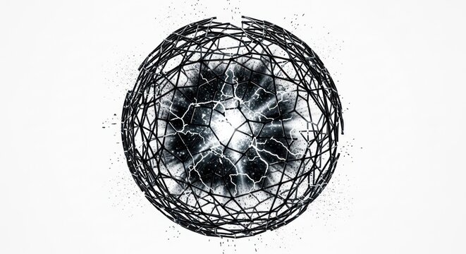 Geometric sphere imploding, black and white abstract artwork