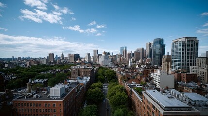 Naklejka premium An elevated view of a sprawling urban cityscape with diverse architecture lush trees and a bright blue sky