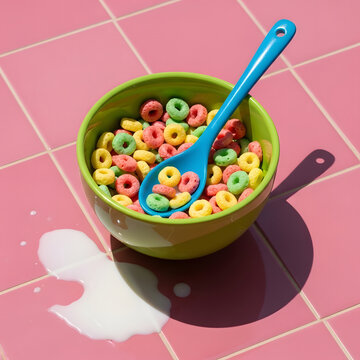 Colorful Froot Loops cereal in a green bowl with blue spoon on pink tiles with spilled milk